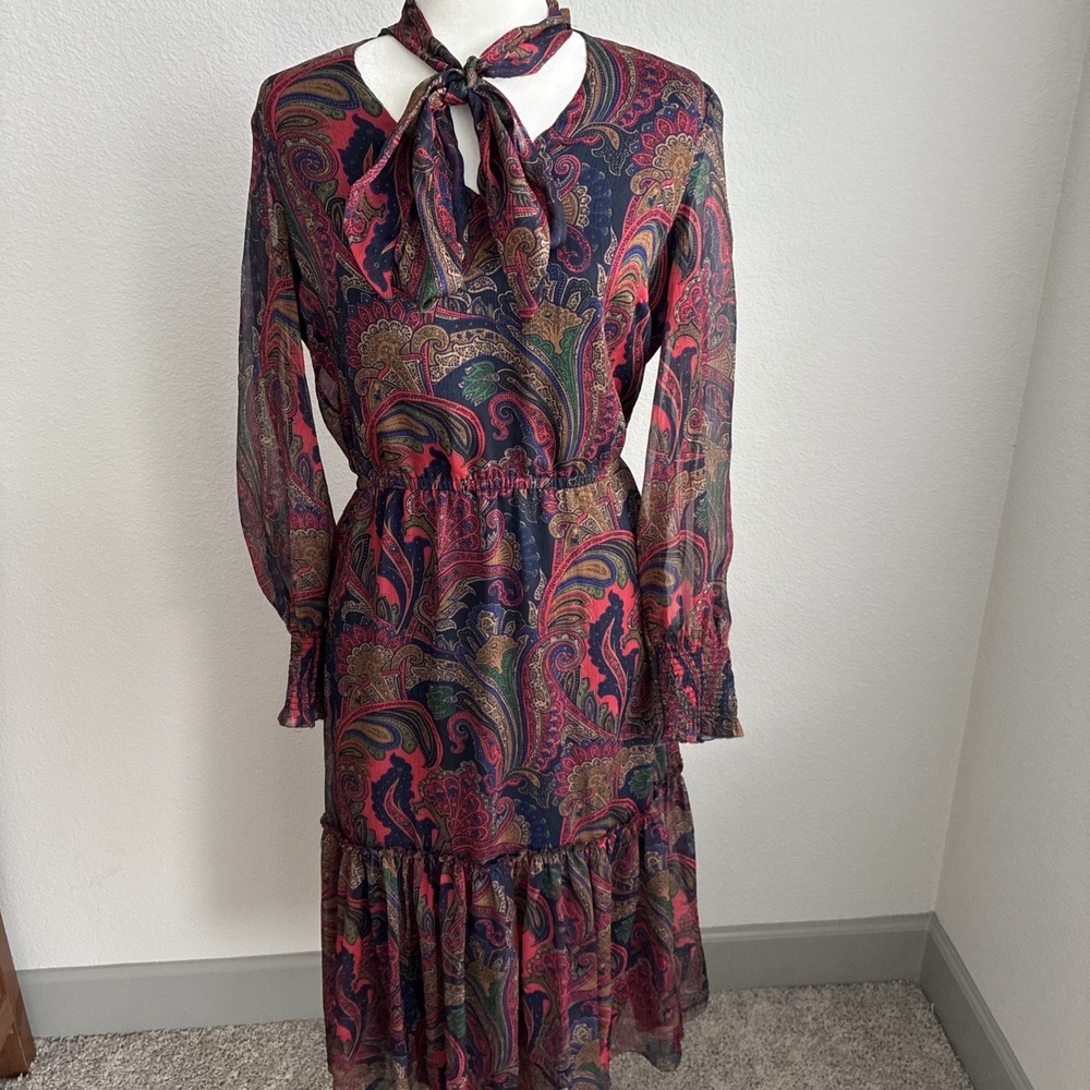 Lauren Ralph Lauren Women's Paisley Chiffon Tiered Tie Neck Midi Dress Size 6